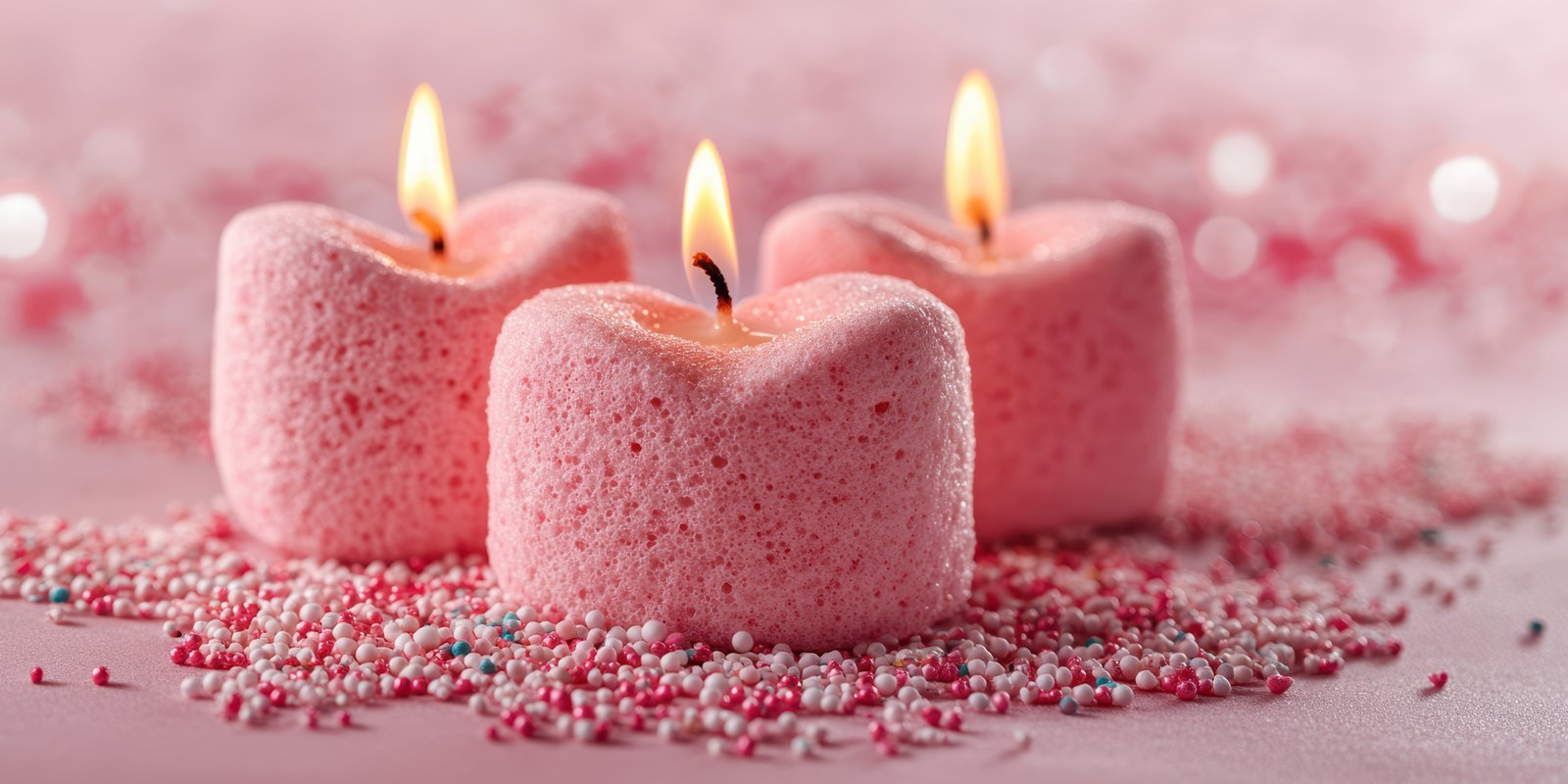Soft pink heart-shaped candles radiating warm light on a sparkling backdrop for a romantic evening